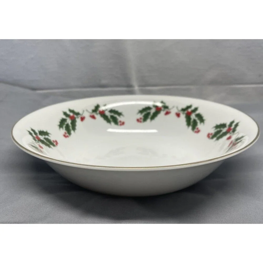 Vintage Porcelain Holly Serving Bowl Japan Mogi Christmas Gold Rim Holly 9 1/4